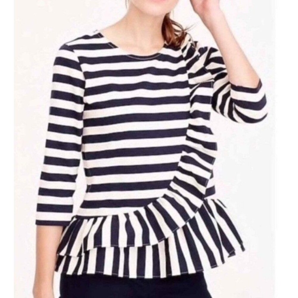 J. Crew Women’s Top Blue and Cream Striped Cotton Ruffle Blouse Size L Nautical